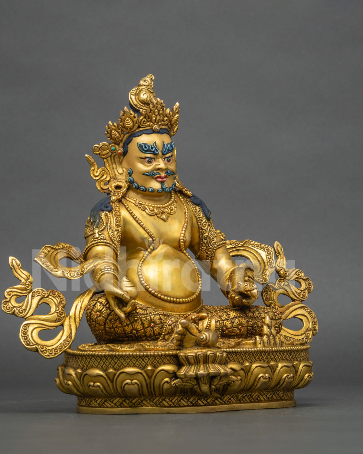 Jambhala statue right side view, handcrafted Dzambhala Wealth God with elaborate crown and jewels
