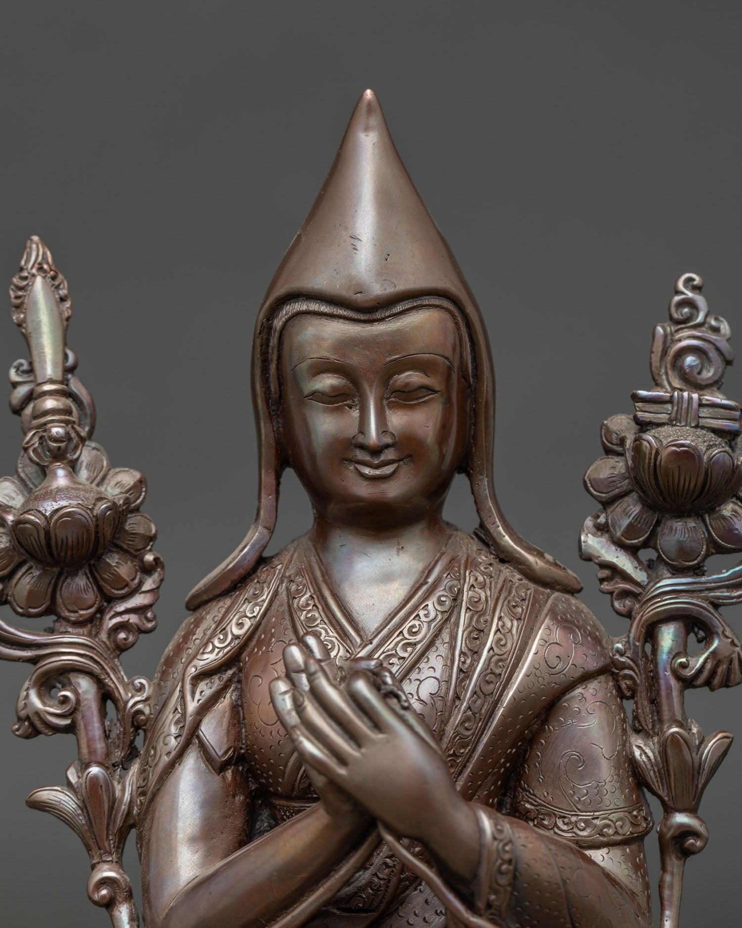 Je Tsongkhapa statue close up showing Yellow Lama Hat and intricate Newari craftsmanship.