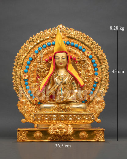 Je Tsongkhapa statue front view, 24K gold fire-gilded copper with flaming halo and kirtimukha throne