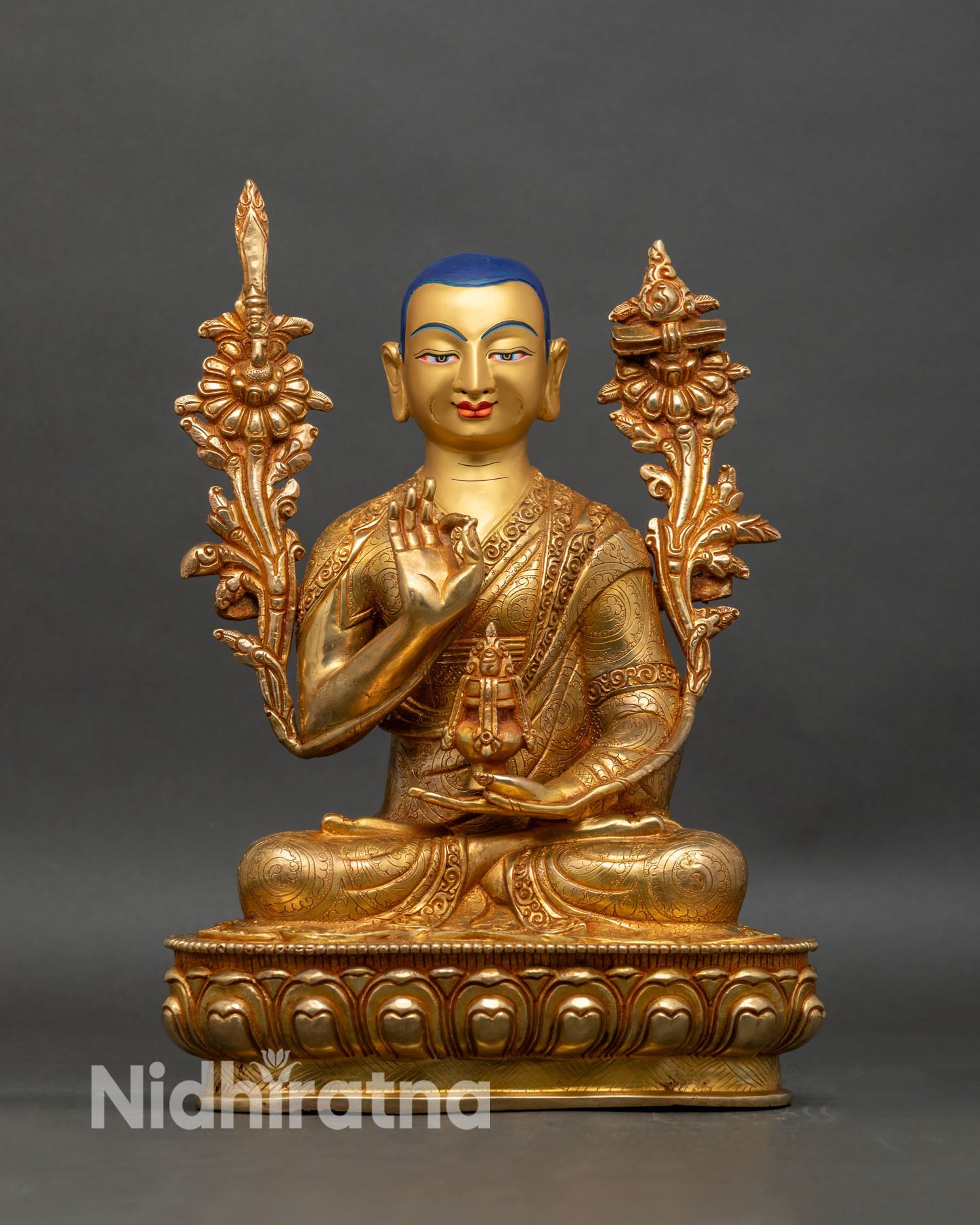 Je Tsongkhapa statue front view, 24K gold fire-gilded copper Tibetan guru