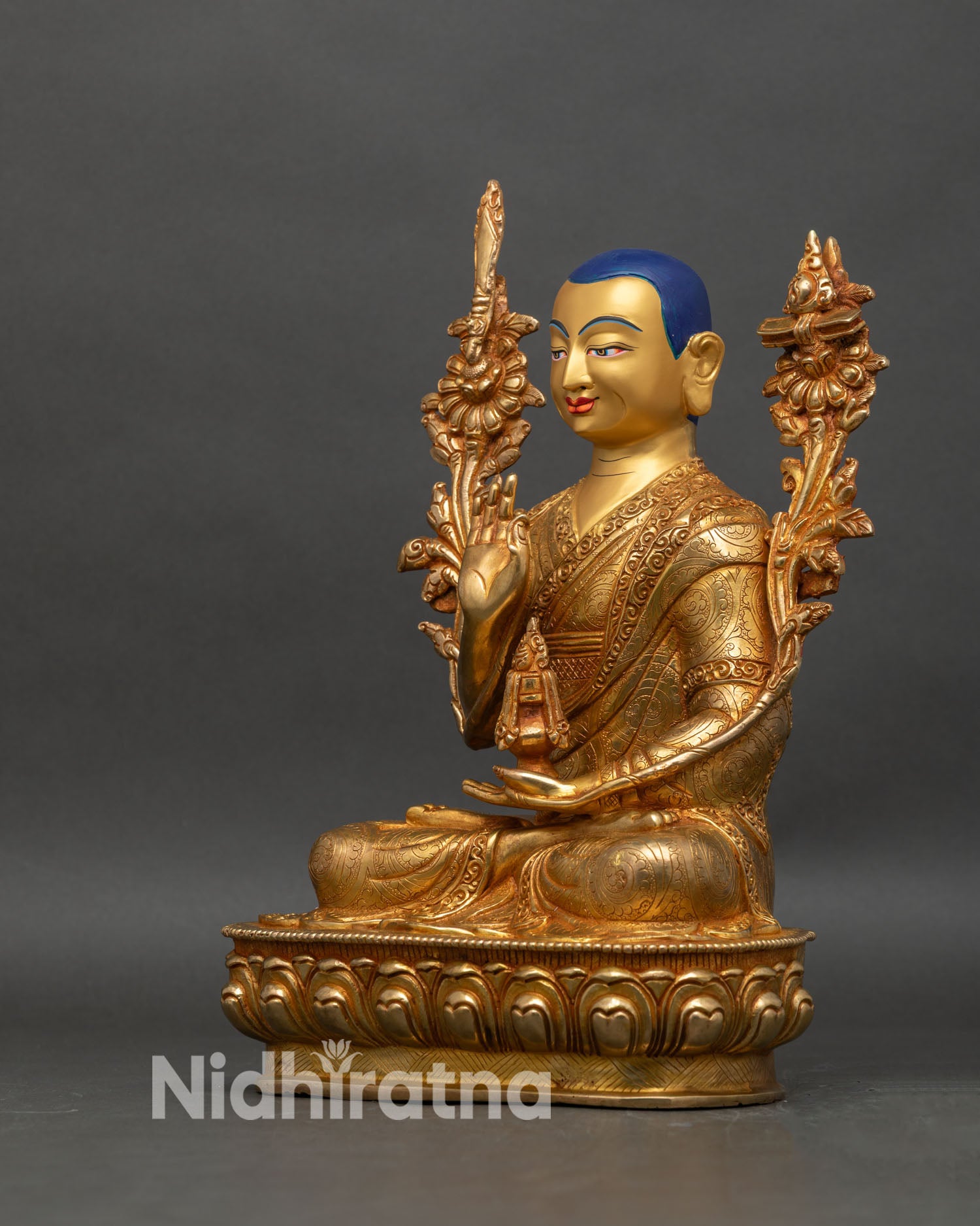 Left profile of Je Tsongkhapa statue, handmade Himalayan Buddhist copper art