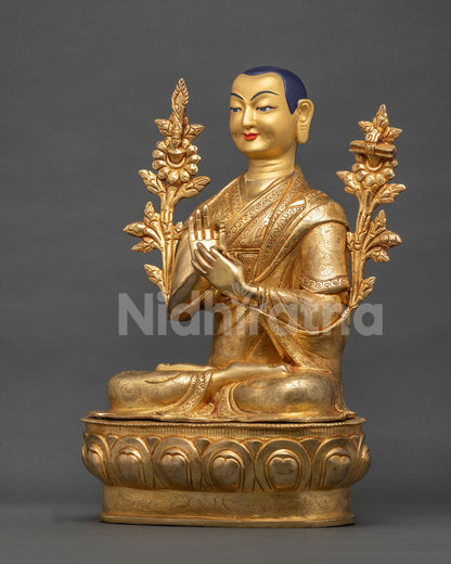 Je Tsongkhapa Statue Set with intricate Nepalese metalwork and traditional lost wax casting