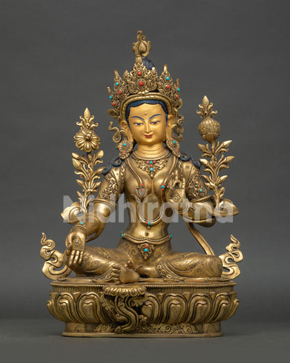 jetsun dolma green tara statue handcrafted copper and gold gilded buddhist sculpture