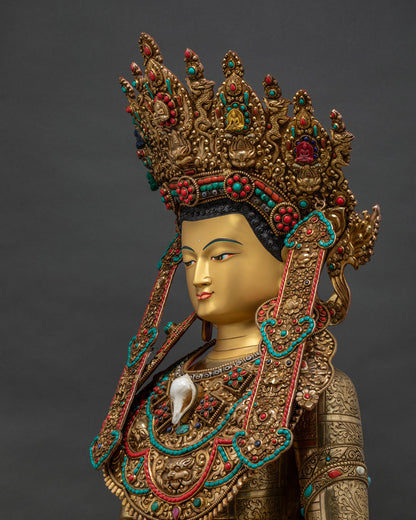 Jowo Rinpoche Buddha, Regal 24K Gold Face with Ornate Crown, Earrings and Necklace