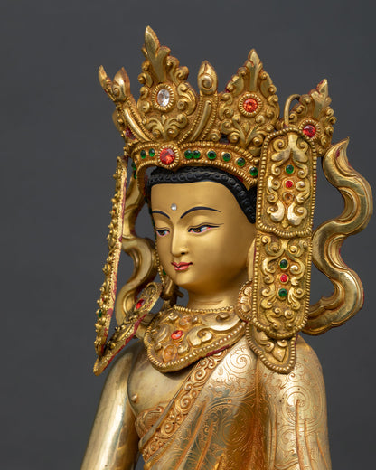 Jowo Rinpoche Buddha Statue featuring elaborate earrings, floral necklace, semi-precious stones, and 3D carved ornaments.