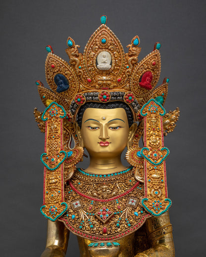 Jowo Rinpoche statue close up, gold crown with turquoise and coral gemstone details