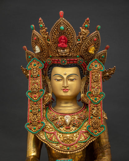 Jowo Rinpoche Statue Close Up, Gold Gilded Copper Buddha with Jeweled Crown
