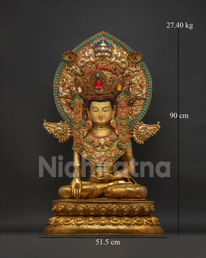Jowo Rinpoche Statue Front View, 24K Gold Fire Gilded Copper Buddha Figurine
