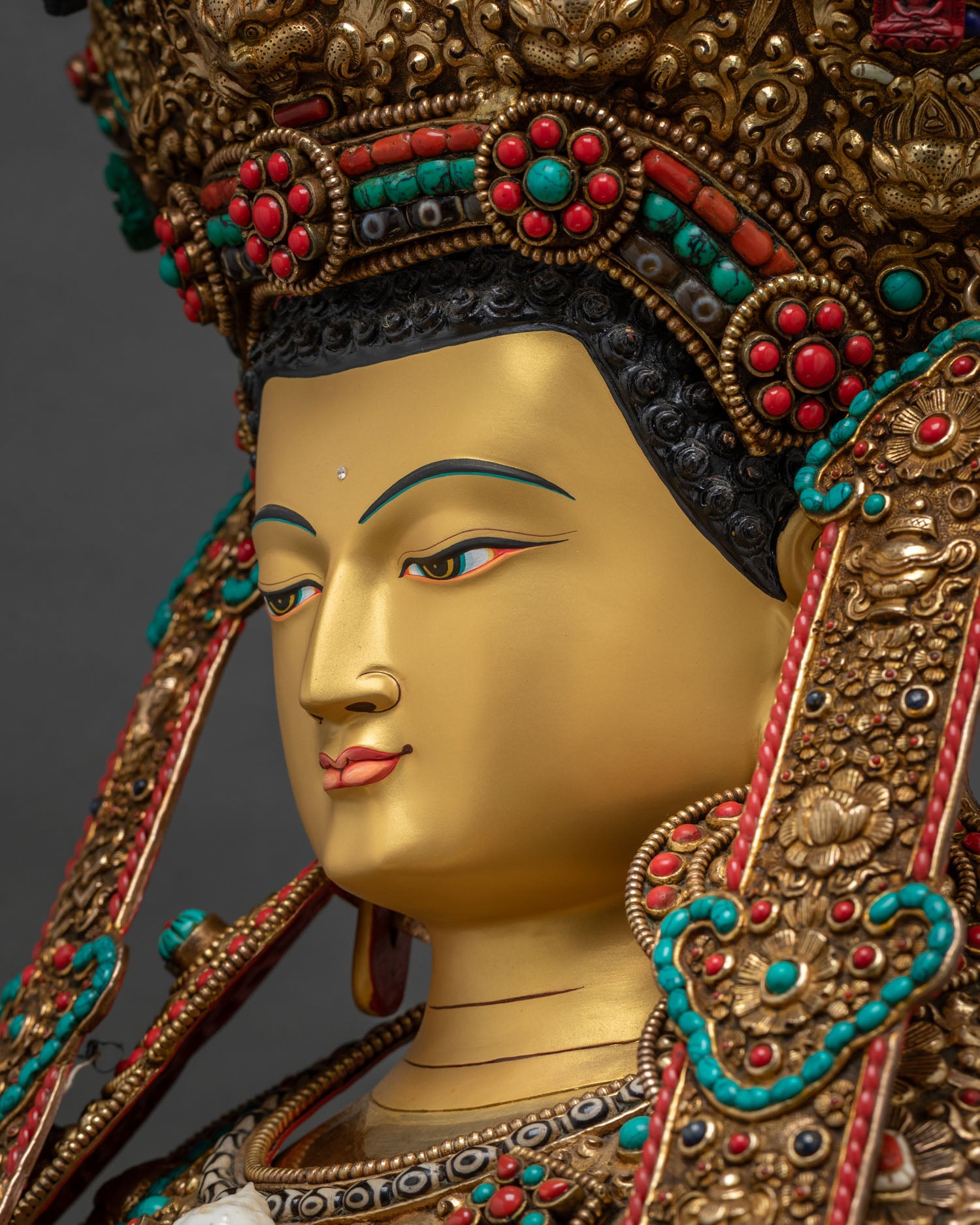 Jowo Rinpoche Statue, Intricate Gold Gilding with Turquoise, Coral and Lapis Lazuli