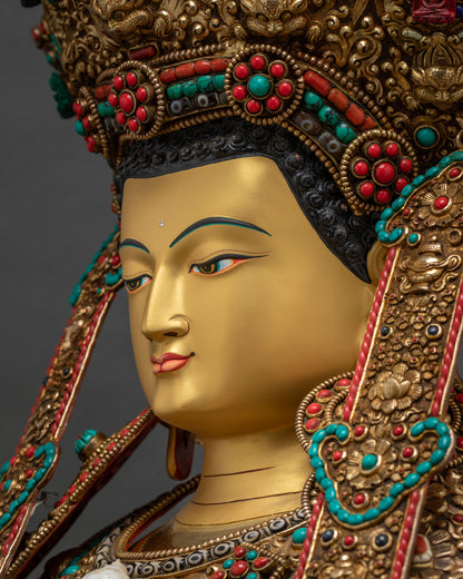 Jowo Rinpoche Statue, Intricate Gold Gilding with Turquoise, Coral and Lapis Lazuli