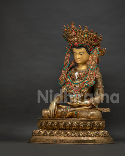 Jowo Rinpoche Statue, Left Side View with Ornate Crown, Necklace and Gold Gilded Robe