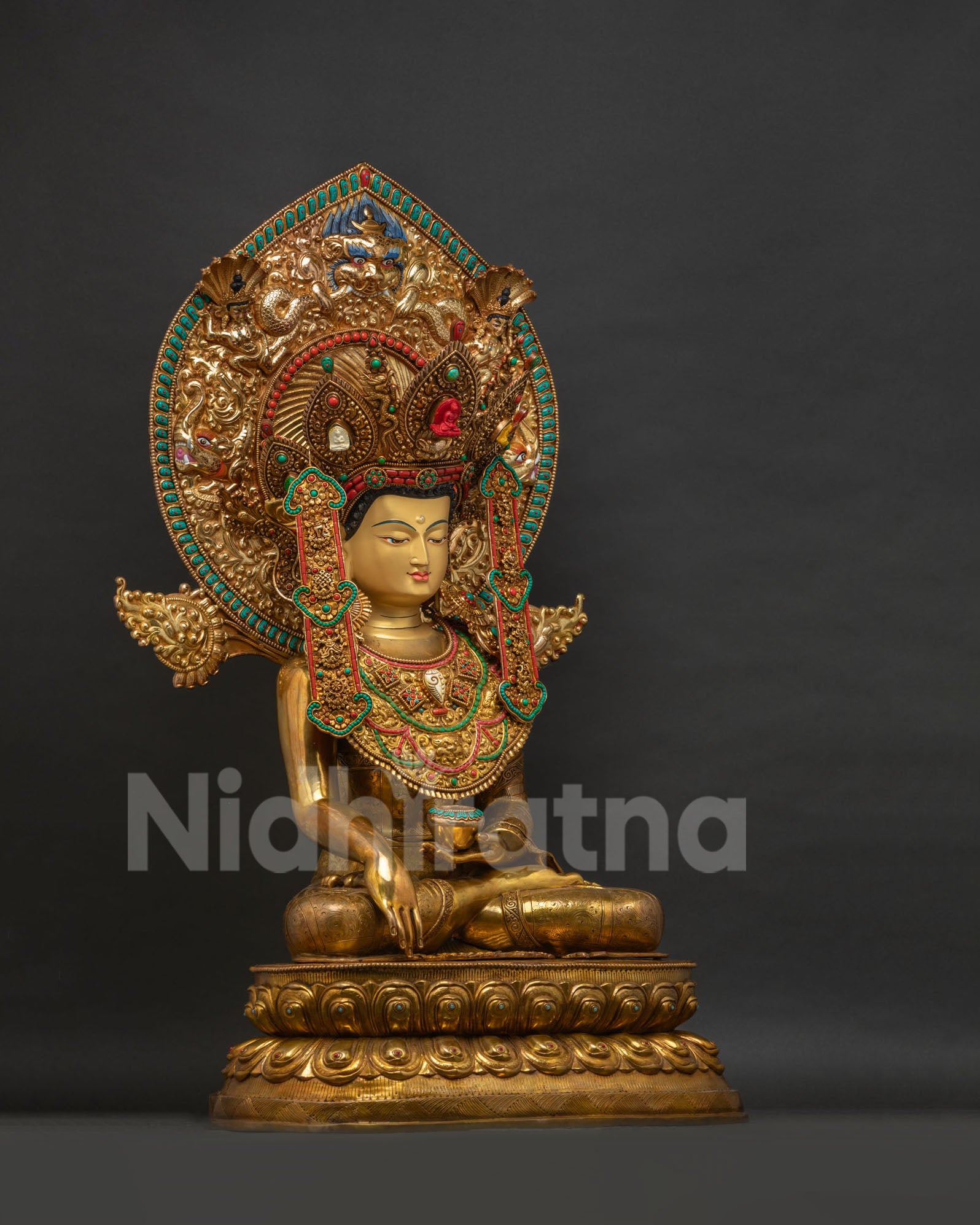Jowo Rinpoche Statue Right Side View, 24K Gold Fire Gilded Copper Buddha Figurine