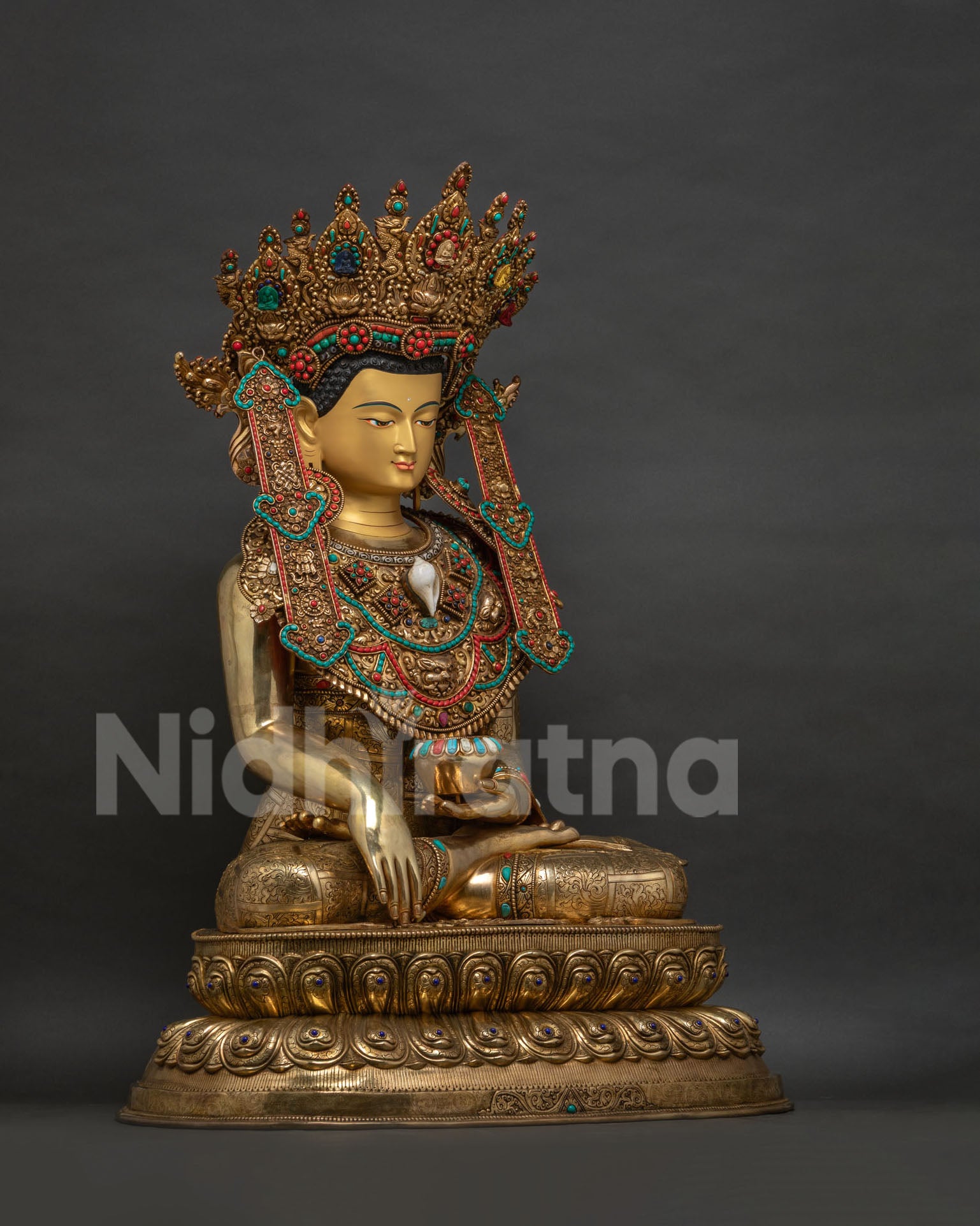 Jowo Rinpoche Statue, Right Side View with Elaborate Five-Buddha Crown and Jewelry