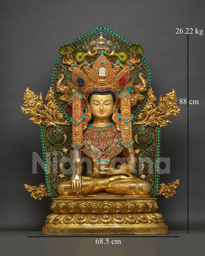 Jowo Shakyamuni Rinpoche statue front view, gold gilded Tibetan Buddha with turquoise inlay