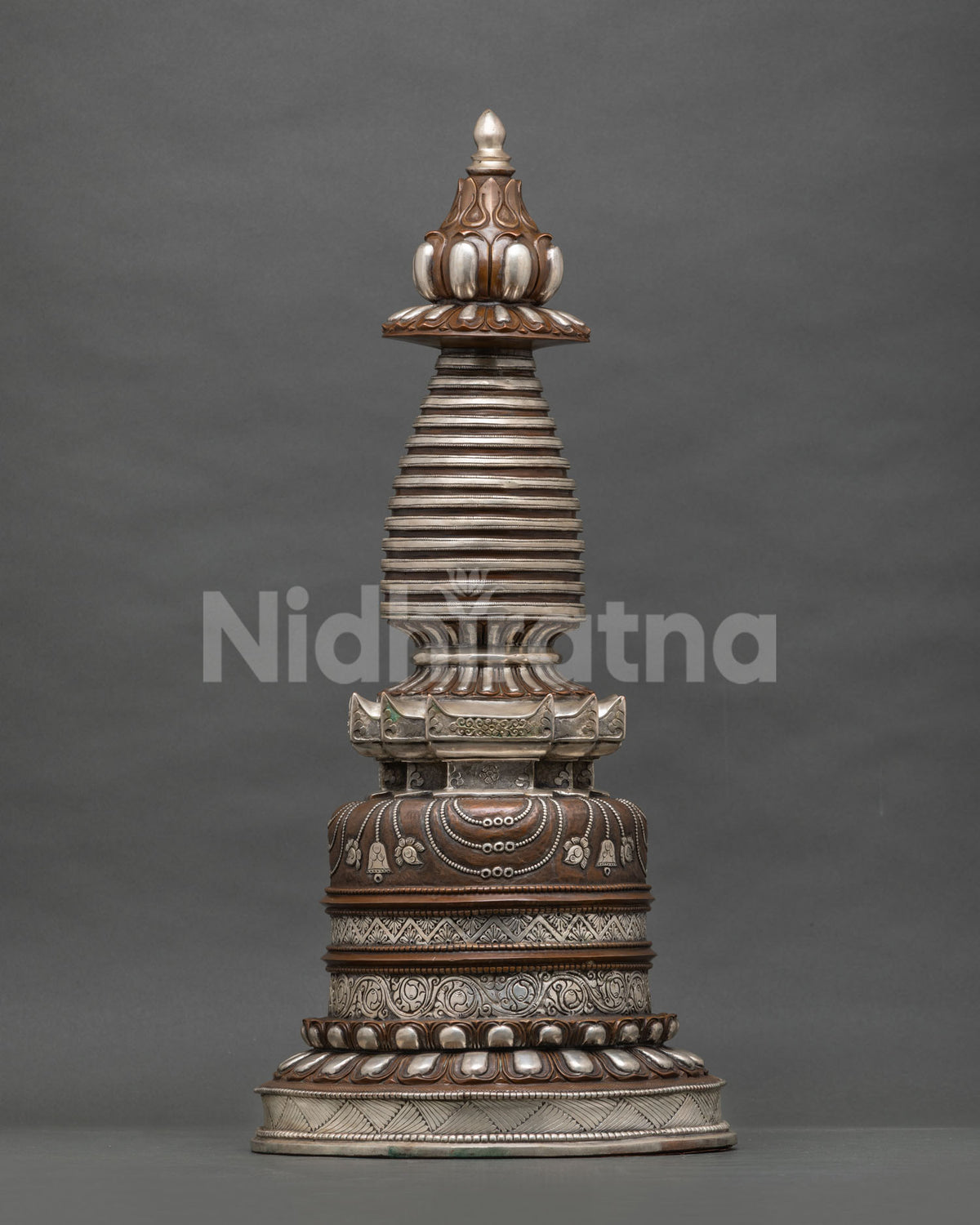 Kadampa Stupa handcrafted in copper with oxidized finish and silver-plated details