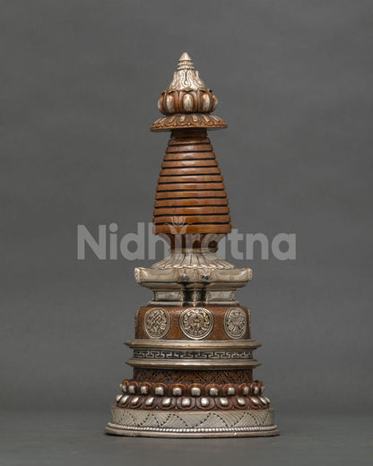Kadampa Stupa with Silver Plated Details and Auspicious Buddhist Symbols on Oxidized Copper