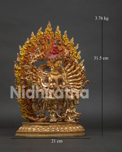Kalachakra copper statue with blazing halo and intricate Newari craftsmanship