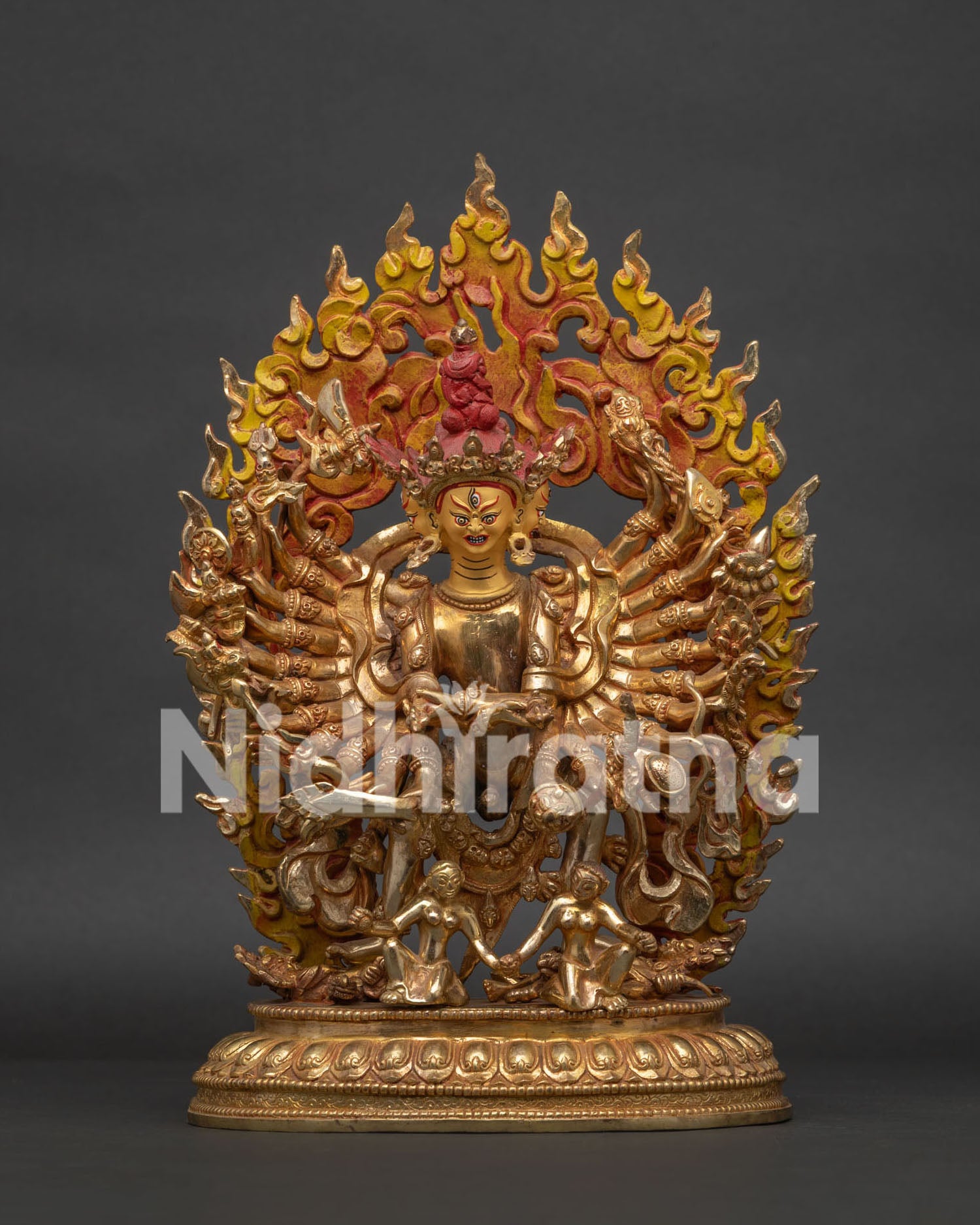 Kalachakra statue, handcrafted in Nepal with 24K gold fire gilding and multiple arms