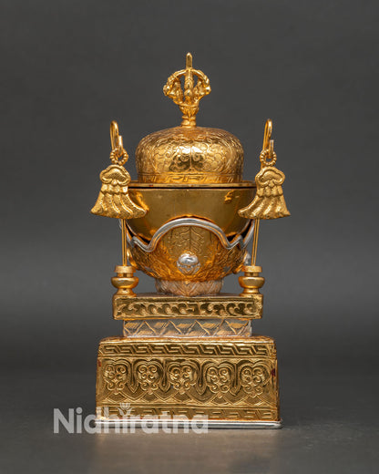 Kapala ritual vessel showing copper body ornamental detailing and symbolic Tibetan Buddhist skull cup design for tantric altar ceremonies