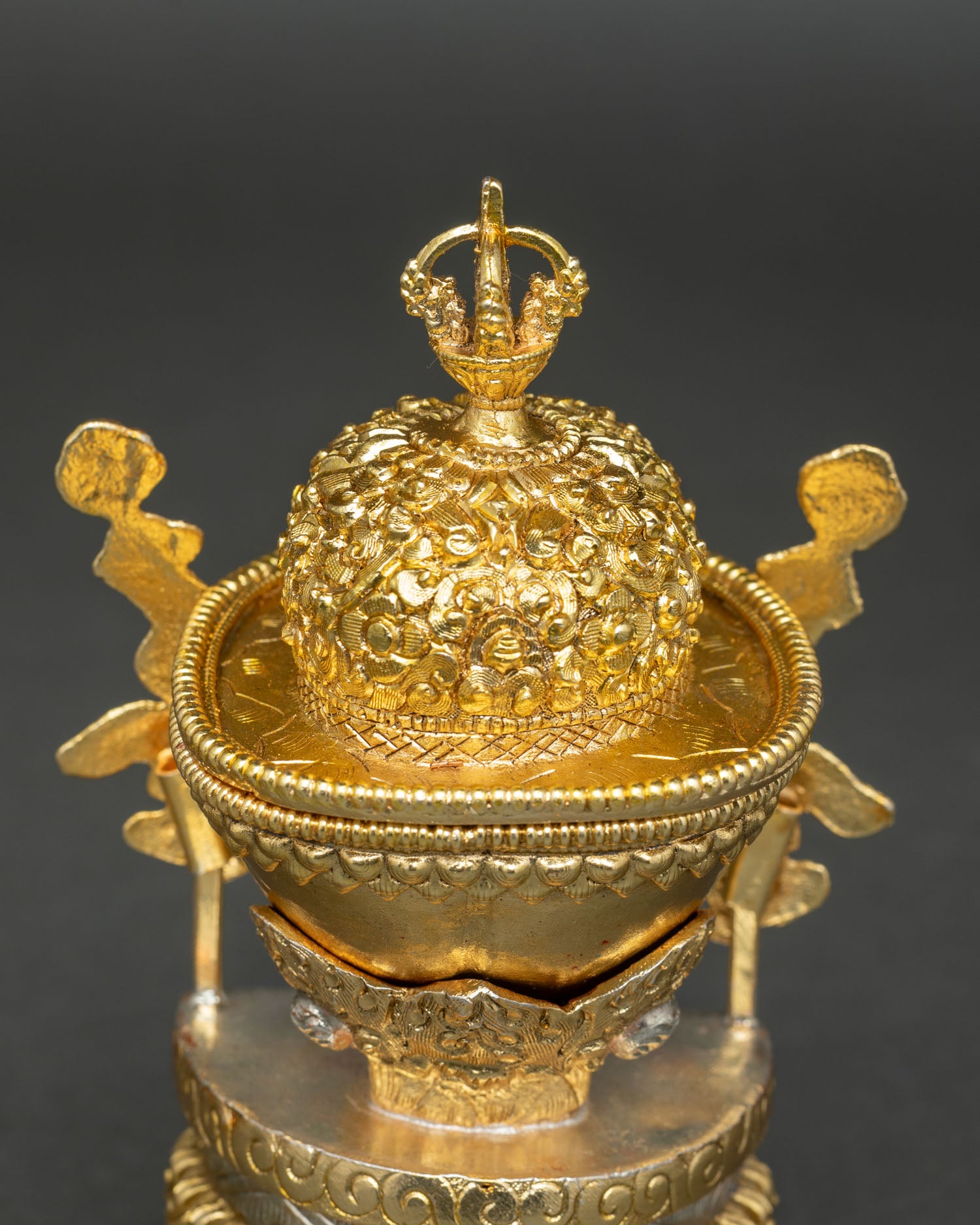 Kapala ritual set displaying dual structure copper base ornamented detailing and traditional Buddhist tantric altar offering vessel craftsmanship