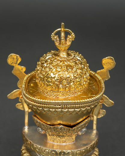 Kapala ritual set displaying dual structure copper base ornamented detailing and traditional Buddhist tantric altar offering vessel craftsmanship