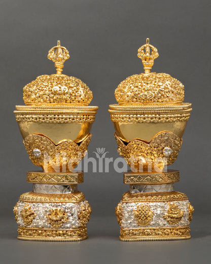 Kapala Skull Cup Set, Featuring Half Vajra Lid and Engraved Buddhist Auspicious Symbols