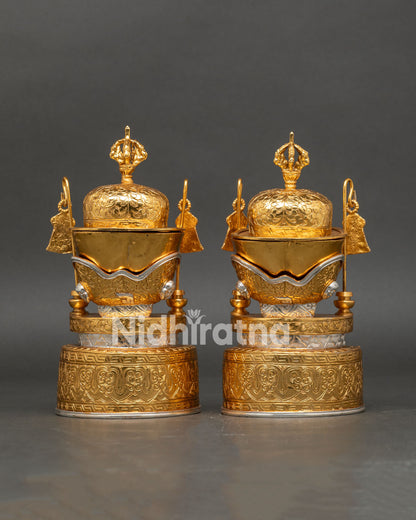Kapala skull cup showing intricate carvings symbolic motifs and refined Himalayan Buddhist tantric craftsmanship with decorative gold plated finish