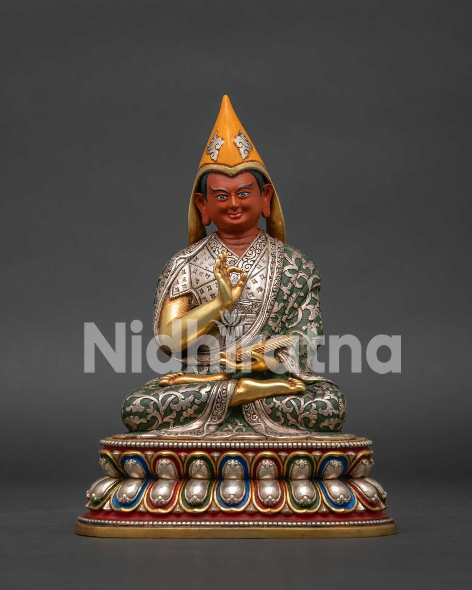 khedrup je statue handcrafted in nepal with silver plated robes and gold gilded lotus throne