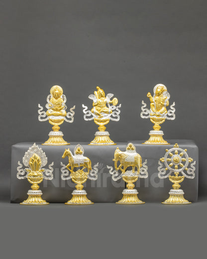 King Chakravartin Symbols Set handcrafted copper gold gilded silver plated Nepal