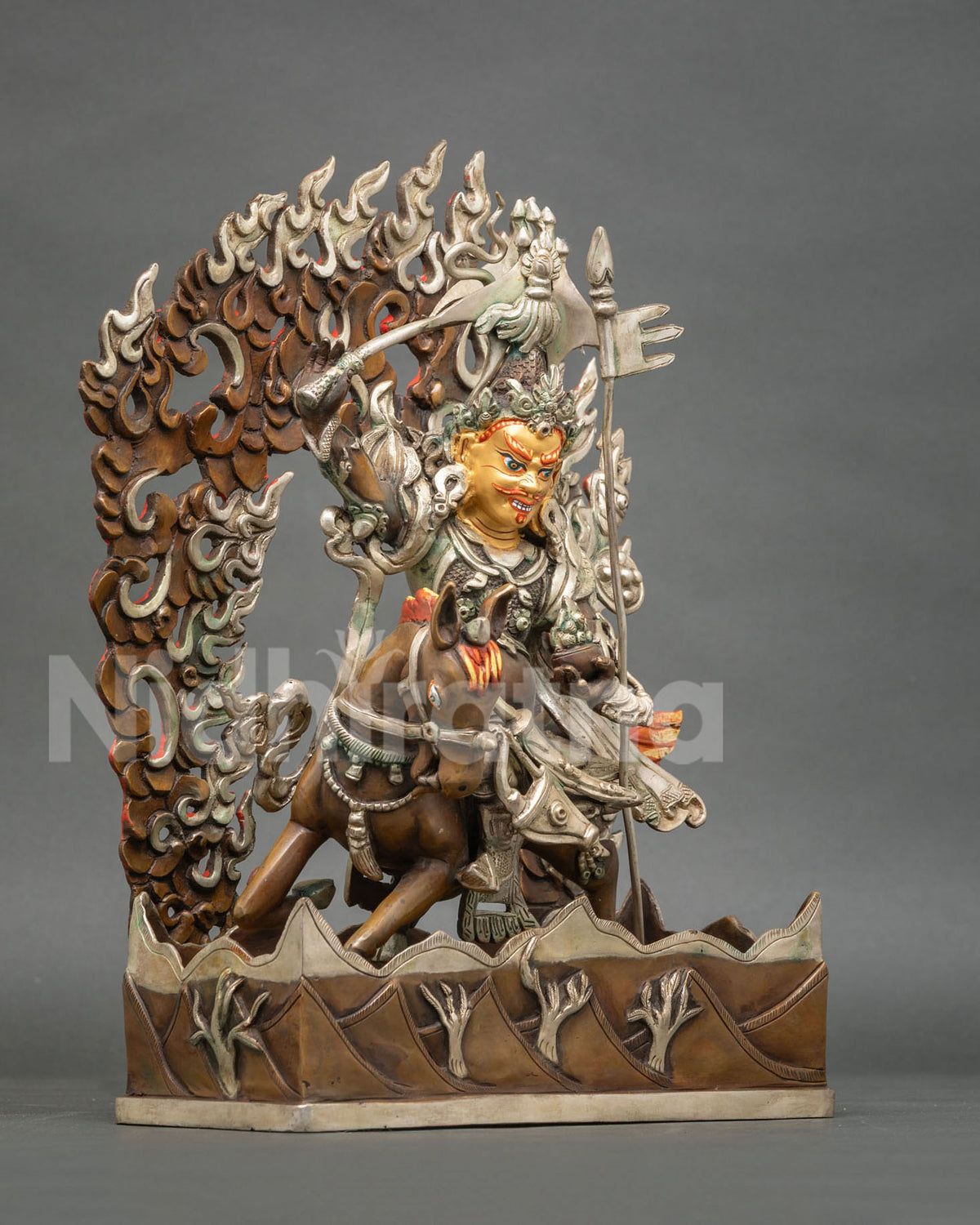 King Gesar horse statue with chemically oxidized copper details.