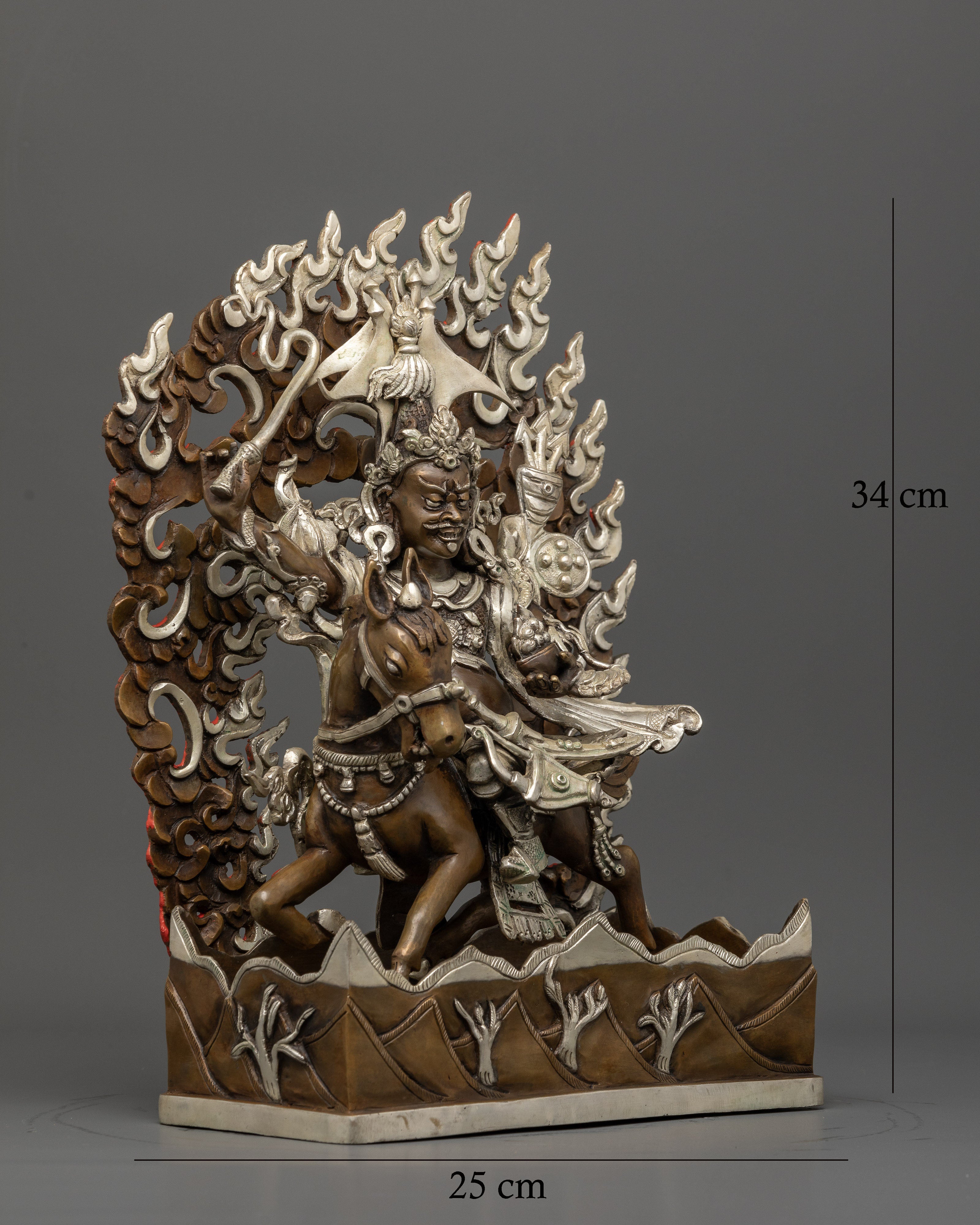 King Gesar Horseback Statue with Sword and Mountain Motif Base.