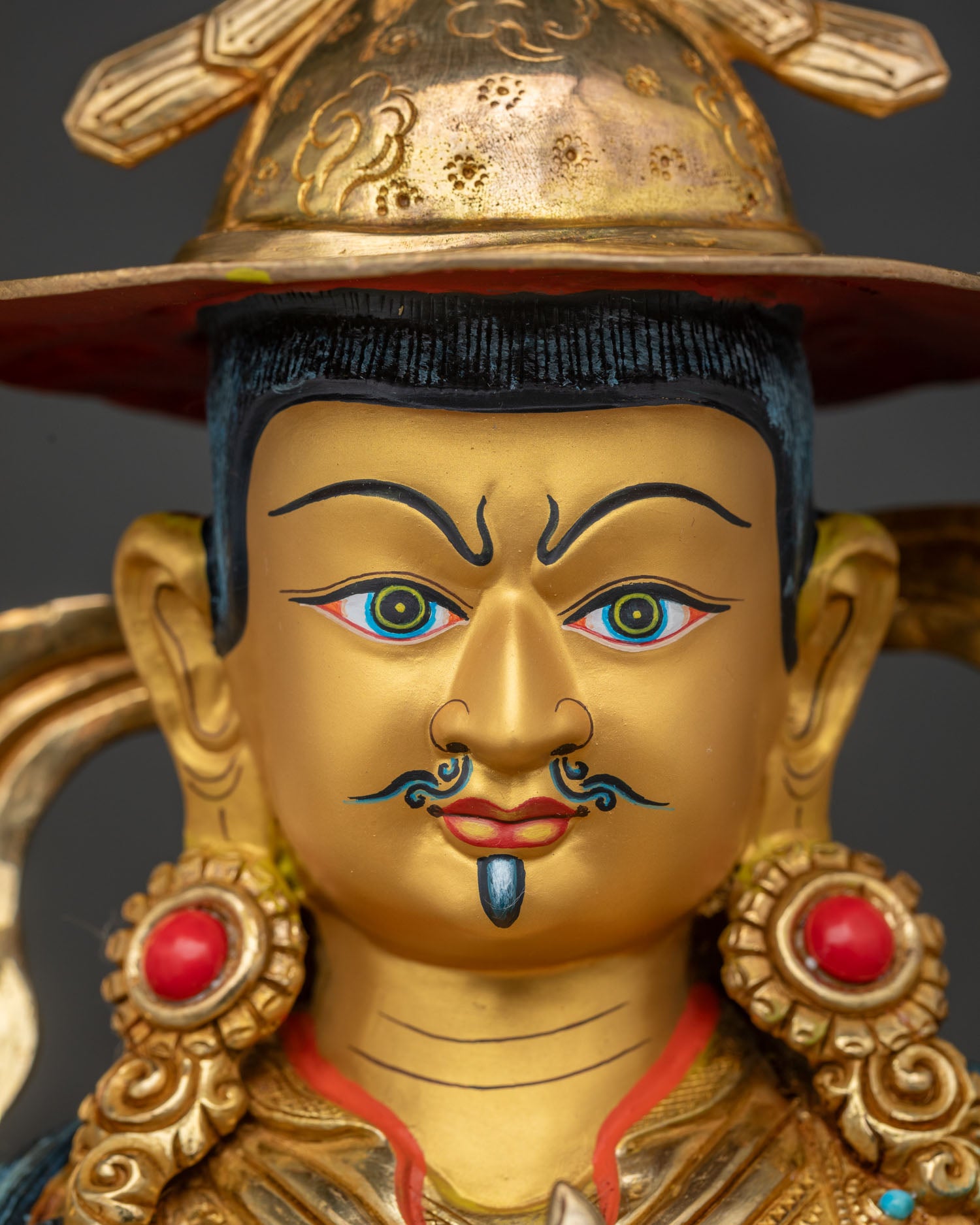 King Gesar Norbu Dradul Statue detailed close up face with 24K gold gilding