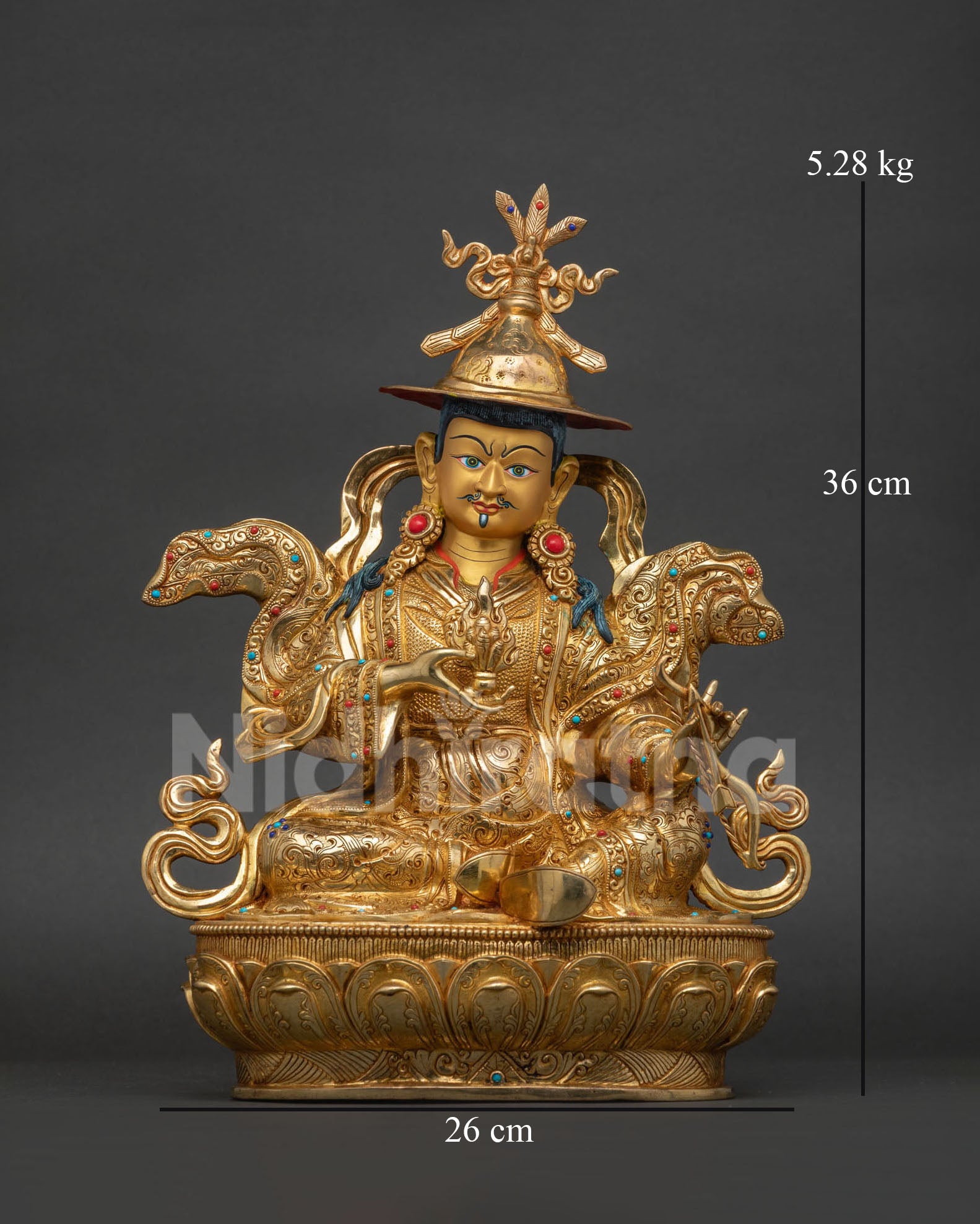 King Gesar Norbu Dradul Statue front view gold fire-gilded copper