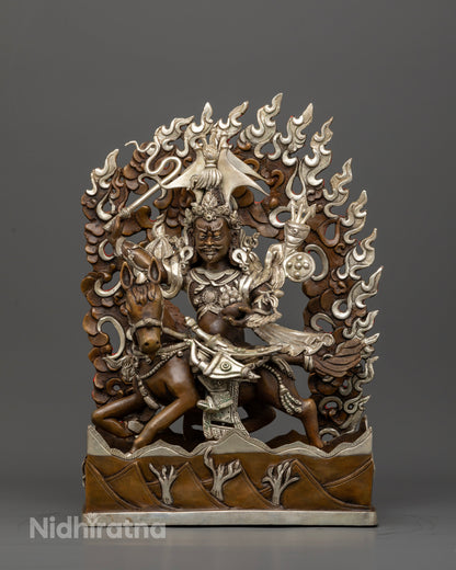 King Gesar Statue on Horse with Raised Sword and Victory Banner.