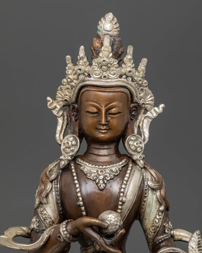 Kshitigarbha Buddhist statue with oxidized and silver plated finish