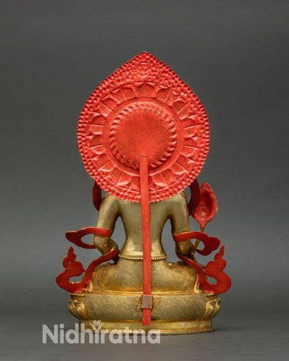 Kshitigarbha statue back view copper gold gilded Vajrayana artwork sacred protector bodhisattva meditation space decor Nepal craftsmanship