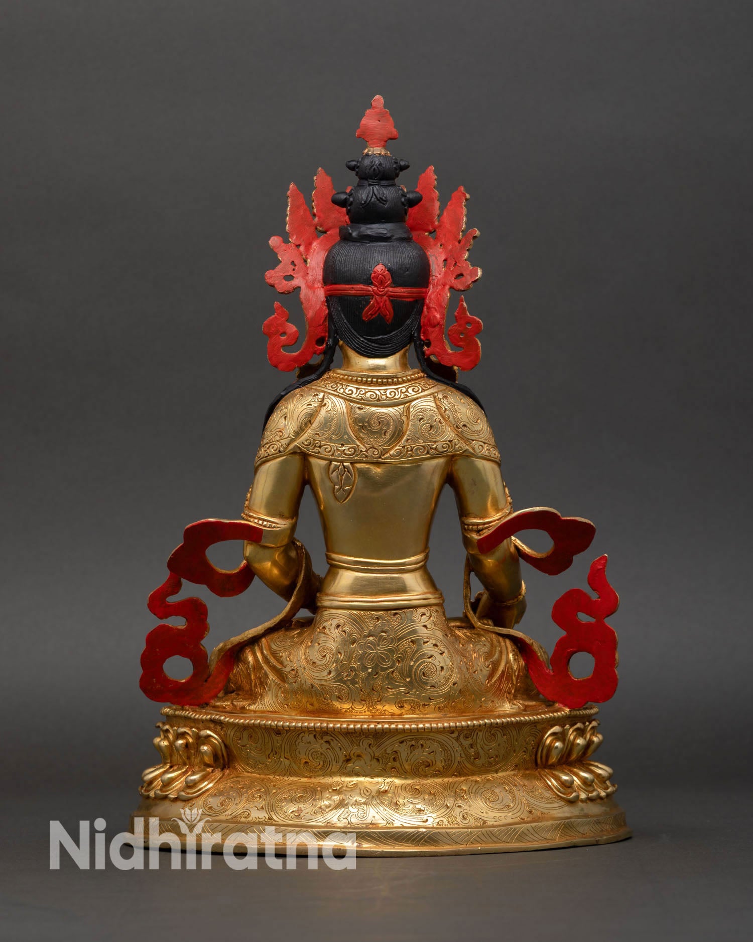 Kshitigarbha statue back view traditional Himalayan Buddhist artwork gold gilded body sacred guardian bodhisattva spiritual home decor