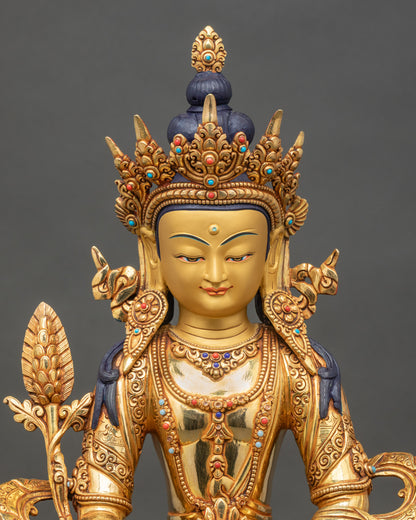 kshitigarbha-statue-close-up-gold-painted-face-turquoise-coral-handmade-patan-nepal