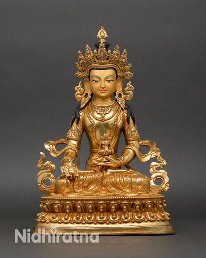 Kshitigarbha statue front view 24k gold gilded copper Buddhist sculpture Nepal handmade lotus throne Cintamani jewel altar decor
