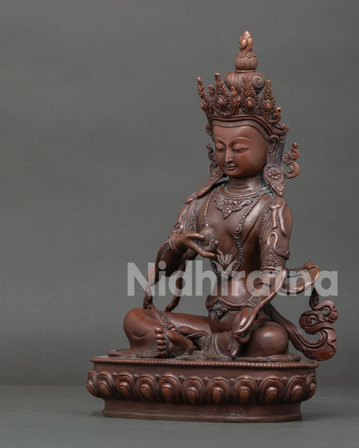 Kshitigarbha Statue Seated on Lotus Pedestal Holding Chintamani Jewel Lost Wax Casting.