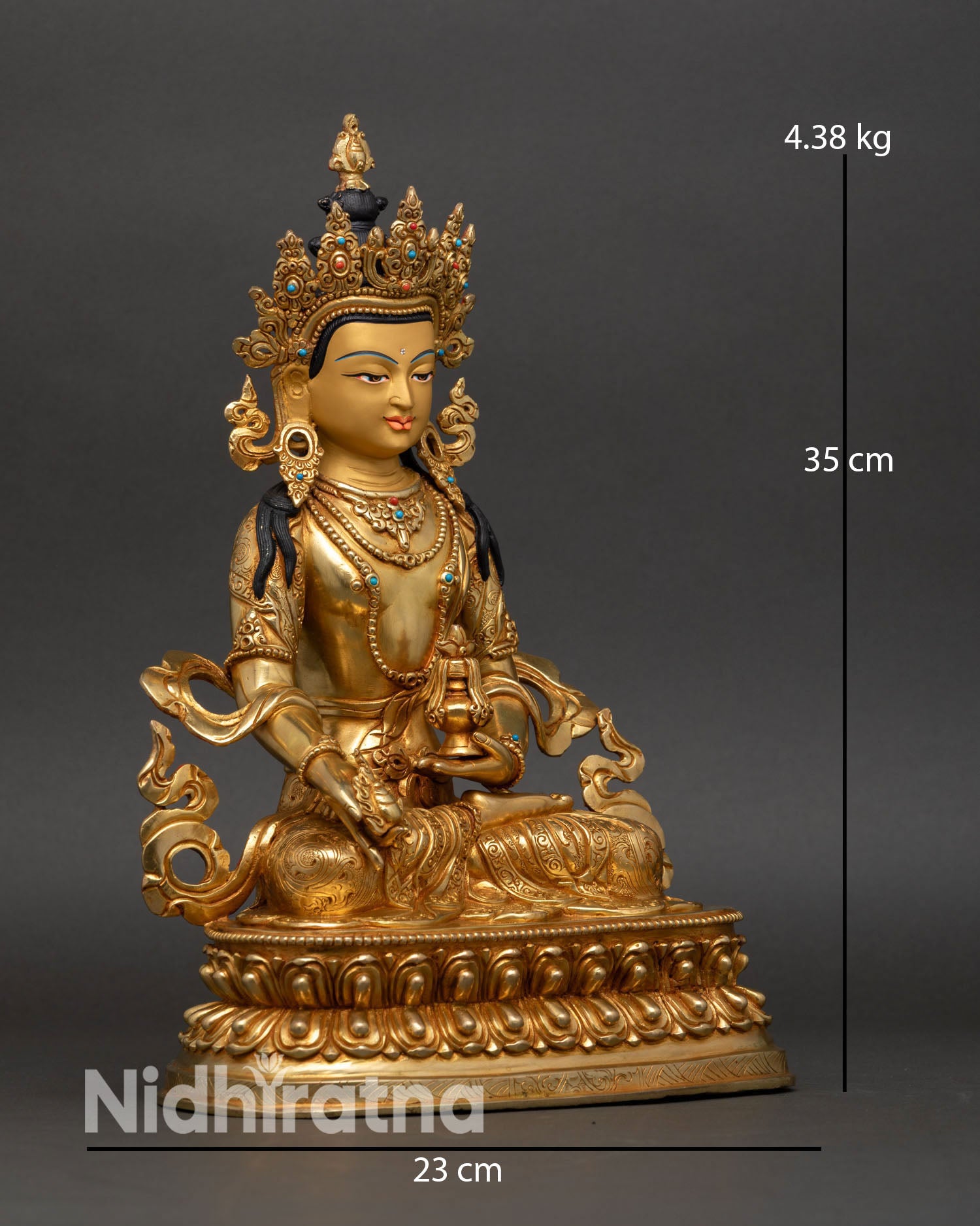 Kshitigarbha statue side view handcrafted Nepal lost wax copper sculpture Vajrayana art meditation altar decor radiant gold finish