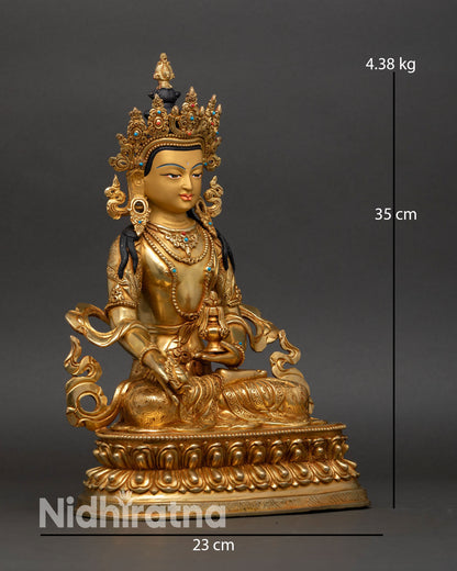 Kshitigarbha statue side view handcrafted Nepal lost wax copper sculpture Vajrayana art meditation altar decor radiant gold finish