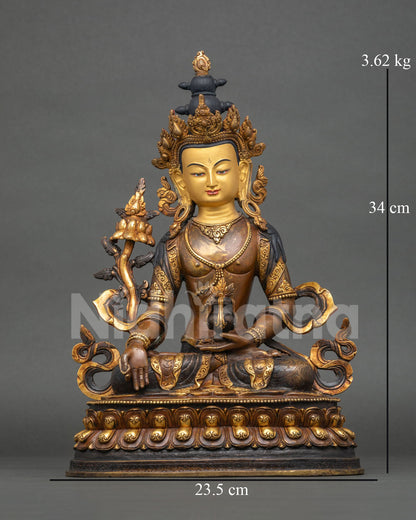 Ksitigarbha statue front view, oxidized copper Earth Store Bodhisattva with 24K gold from Nepal