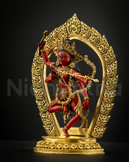 Kurukulla Buddhist goddess statue dancing posture flaming halo sacred tantric dakini sculpture for altar and meditation space spiritual decor