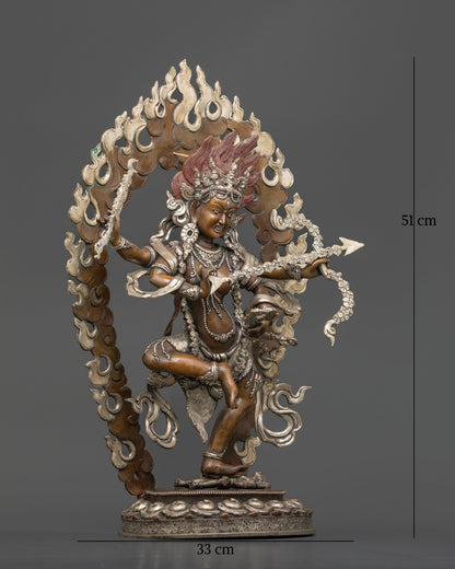 Kurukulla Buddhist statue featuring a silver plated halo intricate skull crown and ornate jewelry.