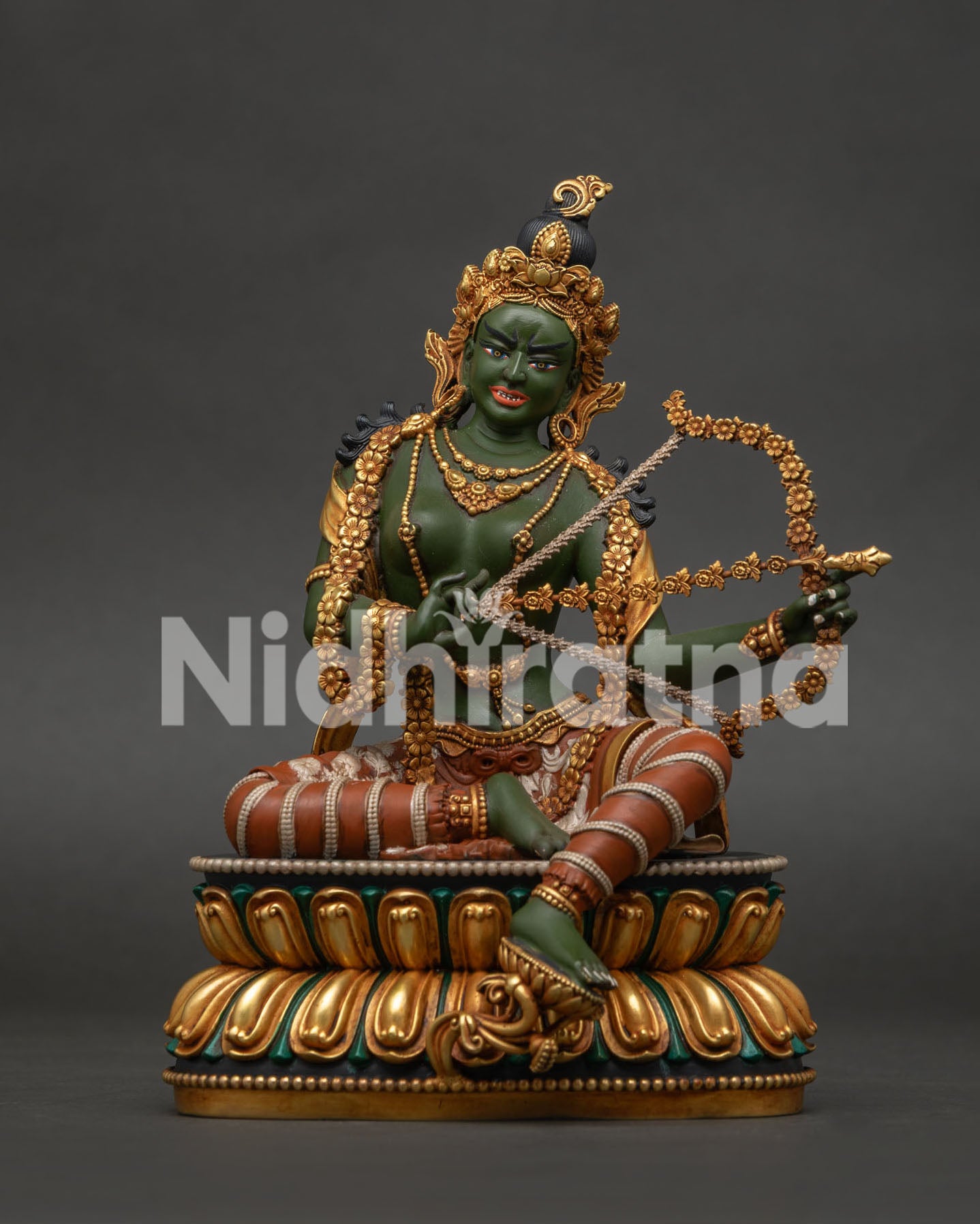 Kurukulla statue front view – hand-carved gold-gilded copper Buddhist Dakini sculpture