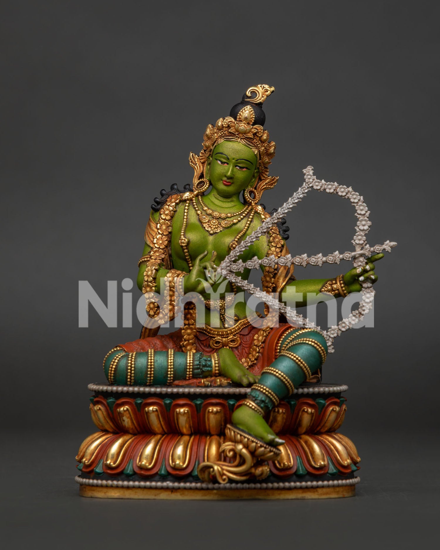 Kurukulla statue front view – handcrafted gold-gilded copper Buddhist Dakini sculpture