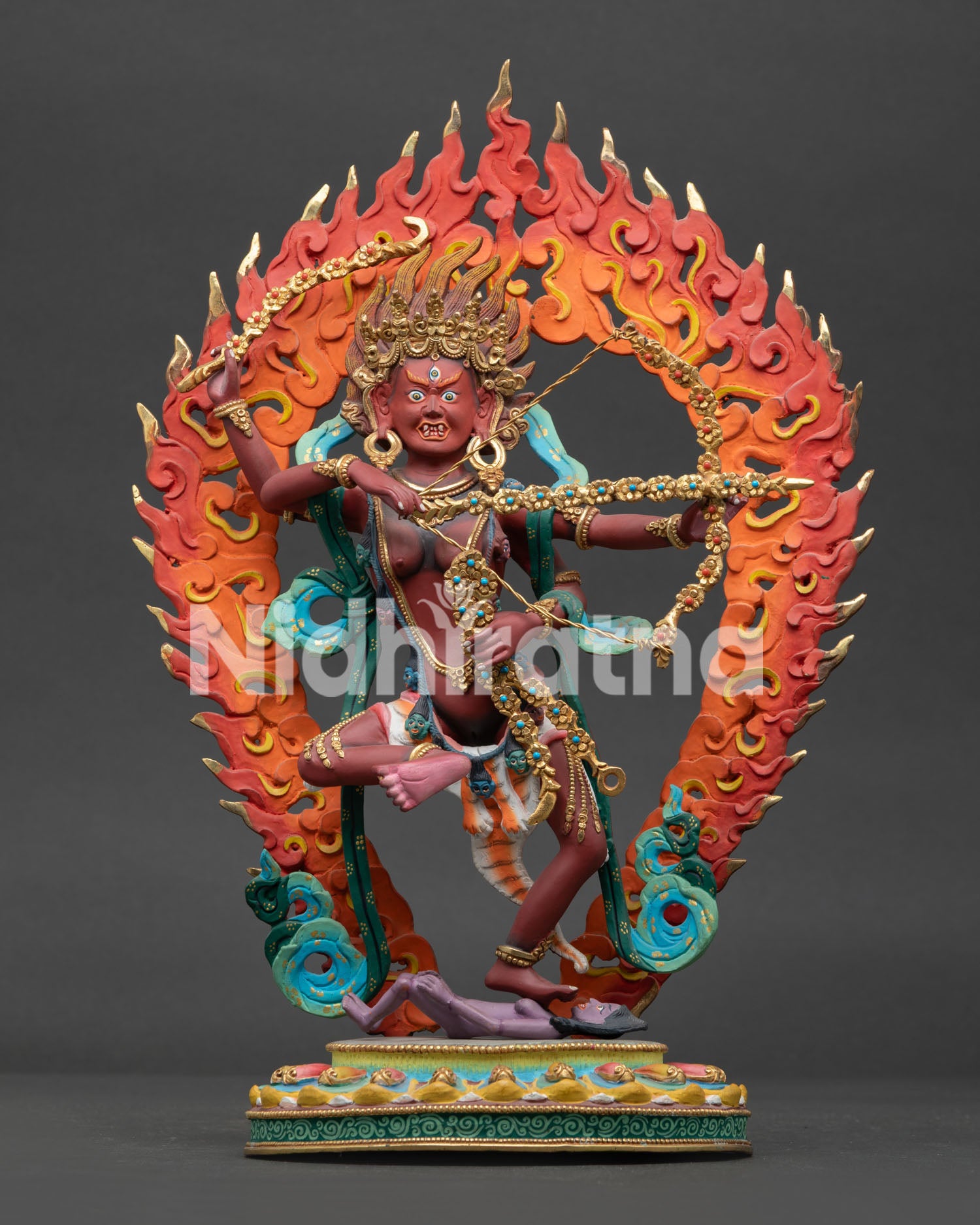 kurukulla statue front view red tara dancing on lotus throne copper alloy