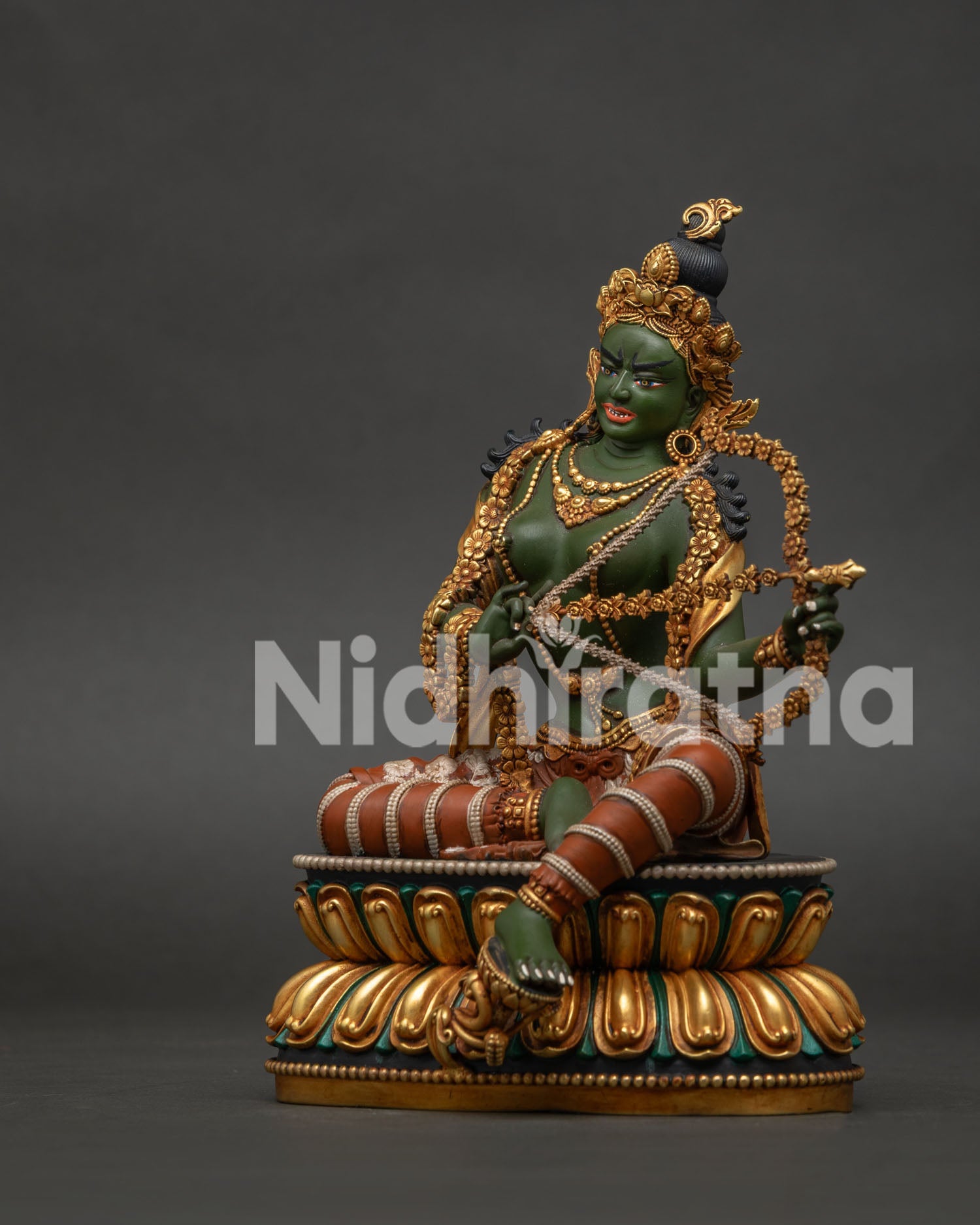 Kurukulla statue left side view – hand-carved gold-gilded copper sculpture