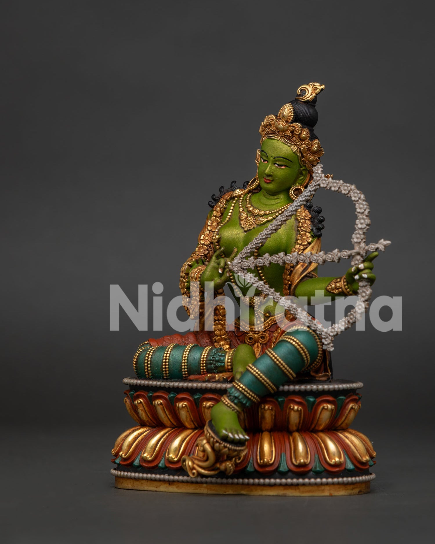 Kurukulla statue left side view – handcrafted gold-gilded copper sculpture